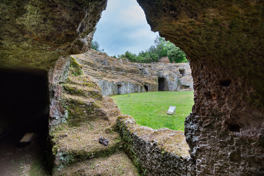 Sutri in Lazio, Italy. The rock-hewn amphitheatre of the Roman period