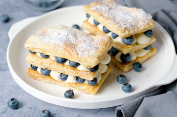 Freshly Baked Millefeuille Cake with Puff Pastry, Cream and Blueberry