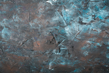 old metal background or texture. Abstract Grunge Decorative Dark Blue, Brown stucco Wall Background. Gloomy Rough Smear Texture. Web Banner or Wallpaper With Copy Space For Design.