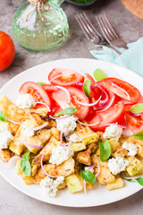 Fried zucchini with feta cheese, tomatoes, herbs and onions on a plate. Delicious appetizer ready to eat