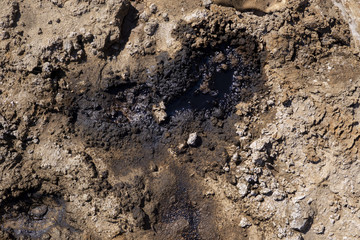 Effects nature from soil contaminated with chemicals and oil. Environmental disaster, contamination of the environment, toxic, pollution, detail. Dump toxic waste.Wreck of oil tanks.
