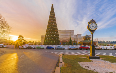 Christmas tree in front of Parliament building house,  Bucharest, Romania