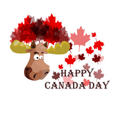 Conception on Canada Day, Festive Elk, on the background of maple leaves