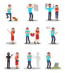 Fototapeta na wymiar Flat vector set of people in various stressed situations. Cartoon characters of young men and women with different emotions