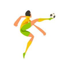 Fototapeta na wymiar Soccer player in green and yellow uniform kicking the ball cartoon vector Illustration on a white background