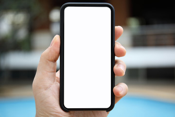 man hand holding phone isolated screen background pool