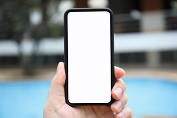 man hand holding phone isolated screen background pool
