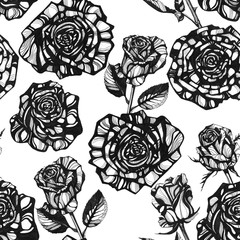 Awesome rose flowers. Hand drawn ink illustration. Wallpaper or fabric design.