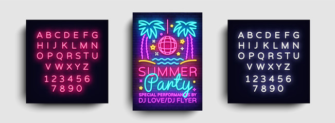 Summer party invitation card design template. Summer party poster in neon style, modern trend design, light banner, bright advertising party, neon typography. Vector. Editing text neon sign