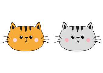 Gray orange red cat sad head face silhouette icon set. Contour line. Cute cartoon kitty character. Kawaii animal. Funny baby kitten. Love card. Flat design. White background Isolated.