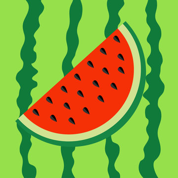 Watermelon slice icon. Cut half seeds. Red fruit berry flesh. Sweet water melon. Natural healthy food. Tropical fruits. Green striped peel background.