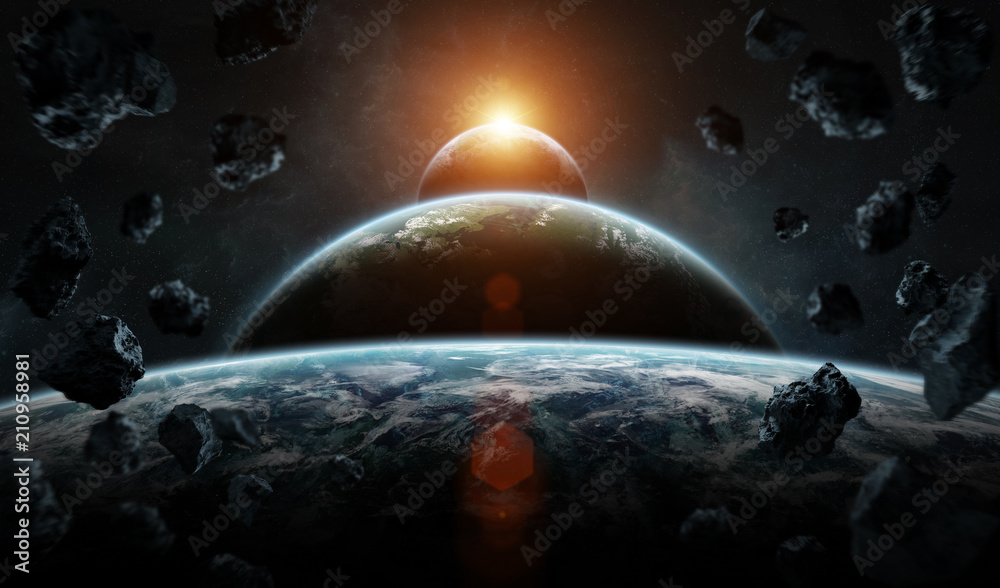 Poster Distant planet system in space with exoplanets 3D rendering elements of this image furnished by NASA
