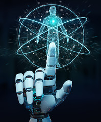 White robot hand scanning human body 3D rendering
