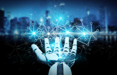 White cyborg hand using digital network connection 3D rendering