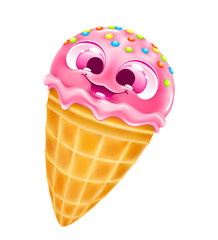 funny cartoon strawberry Ice cream cone with big eyes