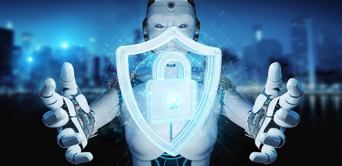 White woman humanoid using web security 3D rendering