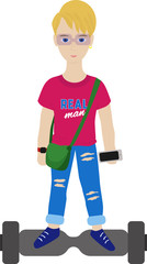 Cartoon vector hipster man with phone on gyroscooter. A confident young man in a flat style.