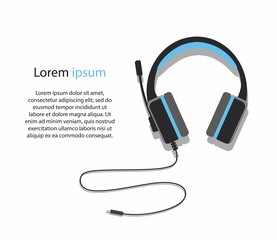 Acoustic blue headphones with microphone and text on white background 