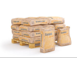 Cement in bags on pallet, 3D rendering, isolated on white background.