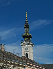 Fototapeta na wymiar Tower on Orthodox cathedral in Pasiceva street, Novi Sad, Serbia