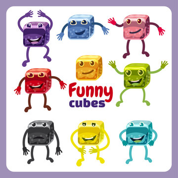 Funny cute cubes colorful candy button glossy jelly in different color. 2d asset for user interface GUI in mobile application or casual video game. Vector for web or game design. Decorative GUI