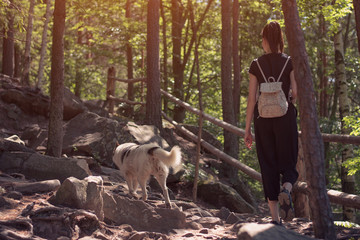 Obraz premium Girl walking along the rocky woods with the dog. Back view