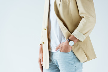 Cropped view of stylish man wearing jacket and watch isolated on white background