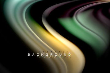 Fluid liquid colors design, colorful marble or plastic wavy texture background, glowing multicolored elements on black, for business or technology presentation or web brochure cover design, wallpaper