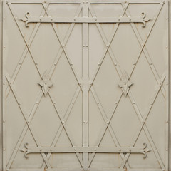 Metal doors painted in gray. Forged elements