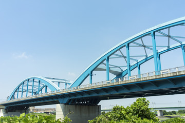 多摩川に架かる丸子橋の風景