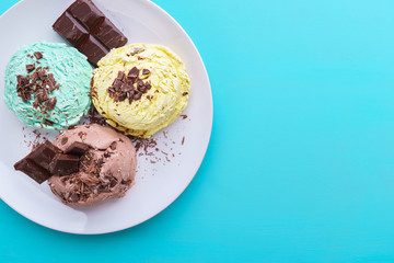 Ice cream scoops, summer seasonal sweets, cold refreshing dessert. Food background