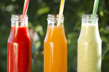 Three bottles of juice with straws on a background of greenery, summer, sunlight. Close-up