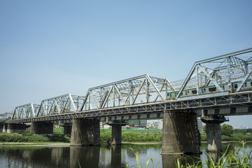 晴天の多摩川鉄橋を渡る列車