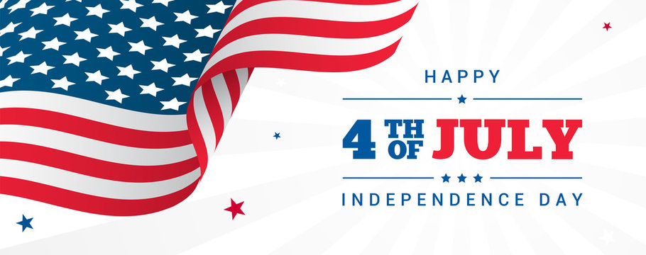 4th of July Banner Vector illustration, USA flag waving with stars on white rays background.