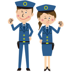 ポップな警察官の男女がガッツポーズ