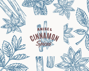 Hand Drawn Anise and Cinnamon Vector Background. Abstract Spices Sketch Card or Cover Template with Classy Retro Typography.