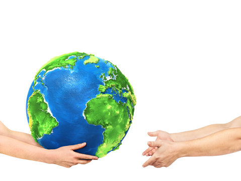 Eco concept. Hands are giving the planet into other hands on a white background
