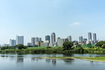 Fototapeta na wymiar 多摩川越しに望む武蔵小杉高層ビル群
