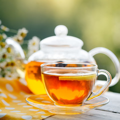 Cup with hot tea with mint and a thyme on a wooden table in a summer garden.