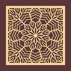 Laser cutting panel. Golden floral pattern. Gift or favor box silhouette ornament. Vector coaster design for metal, wood, paper work.