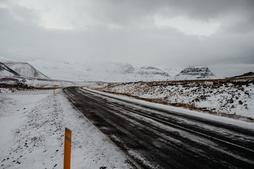 A road through a snowy landscape in Iceland
