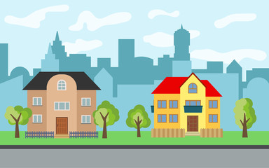 Vector city with two two-story cartoon houses and green trees in the sunny day. Summer urban landscape. Street view with cityscape on a background
