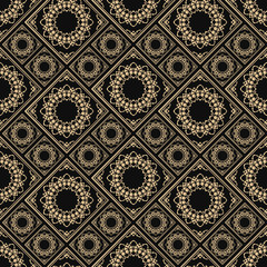 Islamic vector design. Seamless pattern oriental ornament. Black and golden textile print. Floral tiles.