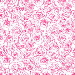 Fototapeta na wymiar A lot of beautiful pink outline rosebuds on white background, seamless pattern