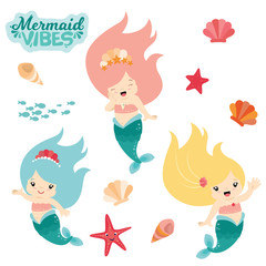 Under the Sea Cute Kawaii Style Mermaids Design Set Flat Vector Illustration Isolated on White
