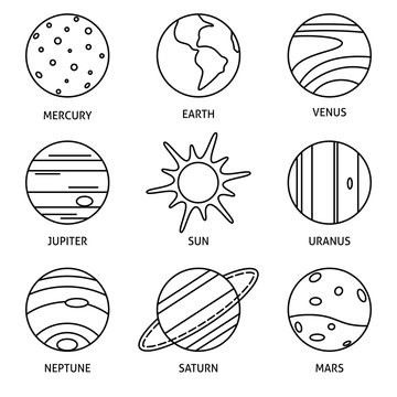 Solar system planets icon set in thin line style