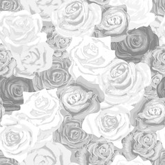 A lot of beautiful white and gray rosebuds, grayscale seamless pattern