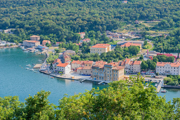 Fototapeta na wymiar Croatia - July 8, 2016: Aerial panoramic view to the seaport and old town