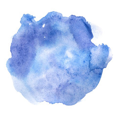 Blue watercolor spot with drip and gradient. Hand-painted illustration