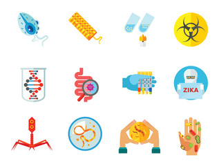 Bacteria icons set with biohazard sign, genome and bacteria in Petri dish. Thirteen vector icons